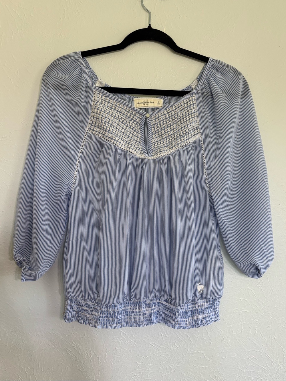 Abercrombie & Fitch Blue and White Striped Sheer Peasant Blouse